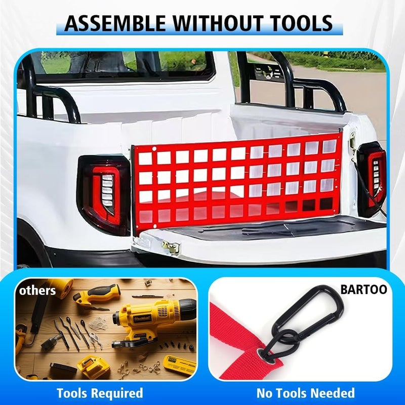 BARTOO Tailgate Net for Pickup Truck Bed, 60'' x 18'' Tailgate Mesh Cargo Net for Full Size Truck, Heavy Duty Cargo Netting with Hooks for Chevrolet, Ford, Toyota, GMC, Jeep, Red - Image 5